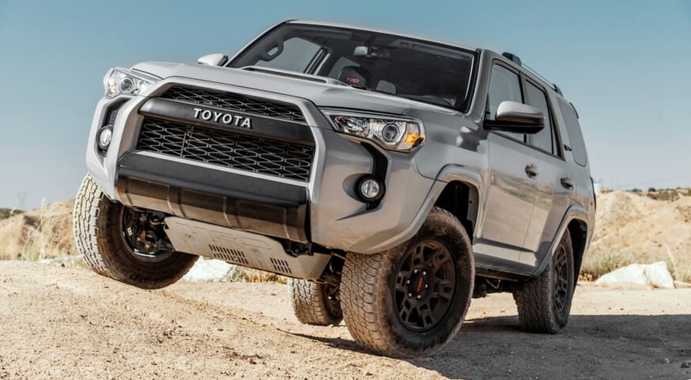 A grey 2020 Toyota 4Runner TRD Pro is shown from the front at an angle after leaving a dealer that has used SUVs for sale in Midland.