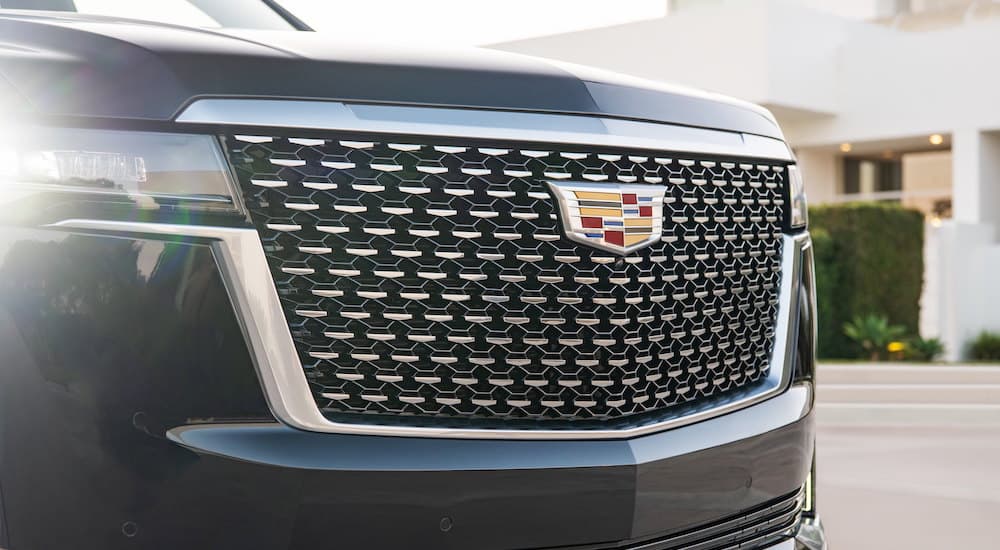 Close-up of the grille and badge on a 2021 Cadillac Escalade.